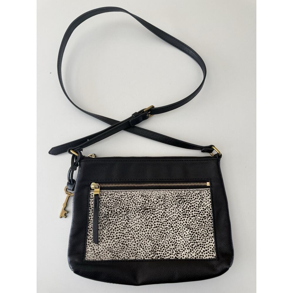 Fossil Fiona Crossbody Black Leather Animal Print Calf Fur Zip Top Bag Charm